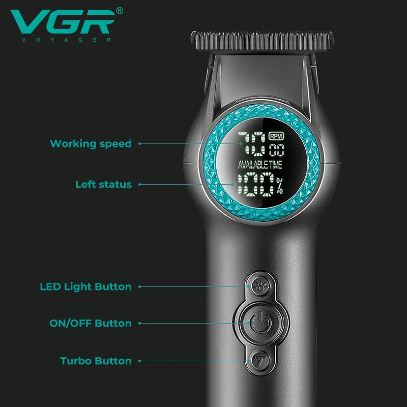 VGR Turbo Power Hair Clipper Professional Hair Trimmer Electric Haircut Machine LED Display 0mm Hair Clipper for Barber V-990