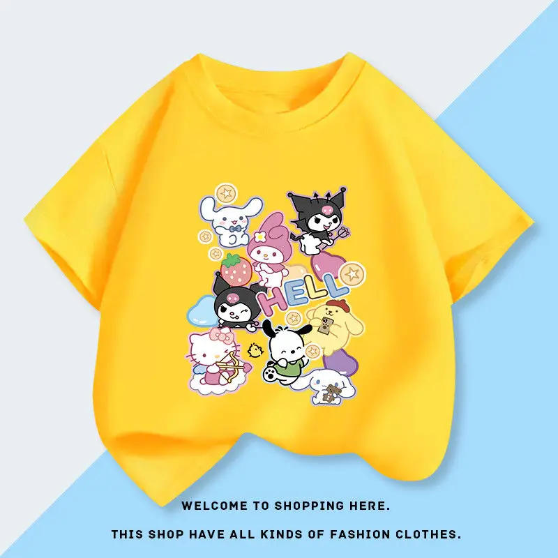 Kuromi Cinnamoroll Child Cotton T-Shirt Anime Sanrios Hello Kittys My Melody Summer Short Sleeve Cartoon Printed Tops Casual