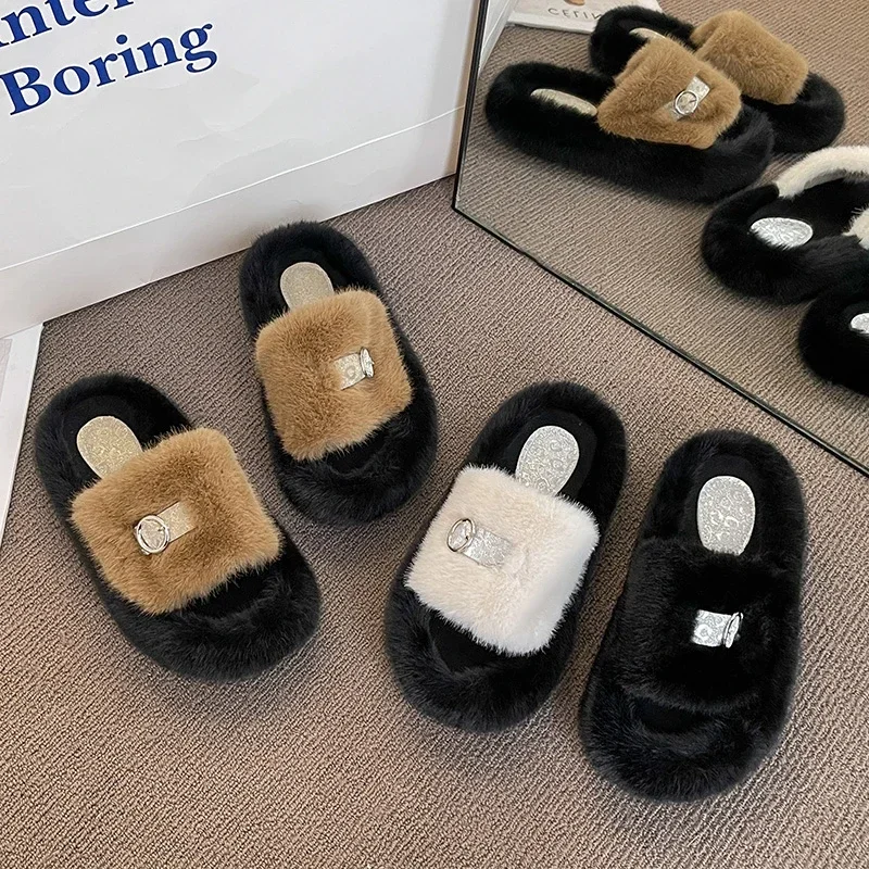 Thick Fluffy Fur Slippers 2024 New Women Winter House Warm Furry Slippers Women Flip Flops Home Slides Flat Indoor Floor Shoes