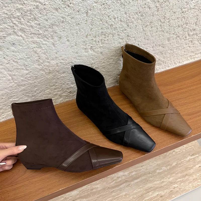 

Flats Women's Ankle Boots Designer Square Toe Suede Shoes Winter 2025 Fashion Chelsea Boots Walking Trend Gothic Mujer Botas