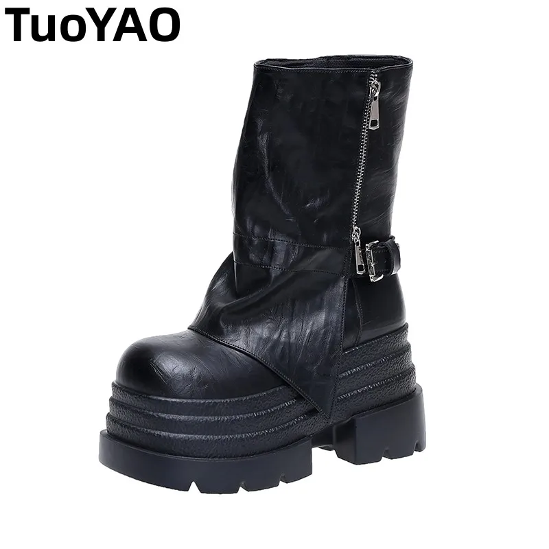 

Мягкие кожаные ботильоны до середины икры, зима-осень, британские ботинки на высокой платформе на танкетке, новые женские массивные мотоциклетные ботинки 10 см