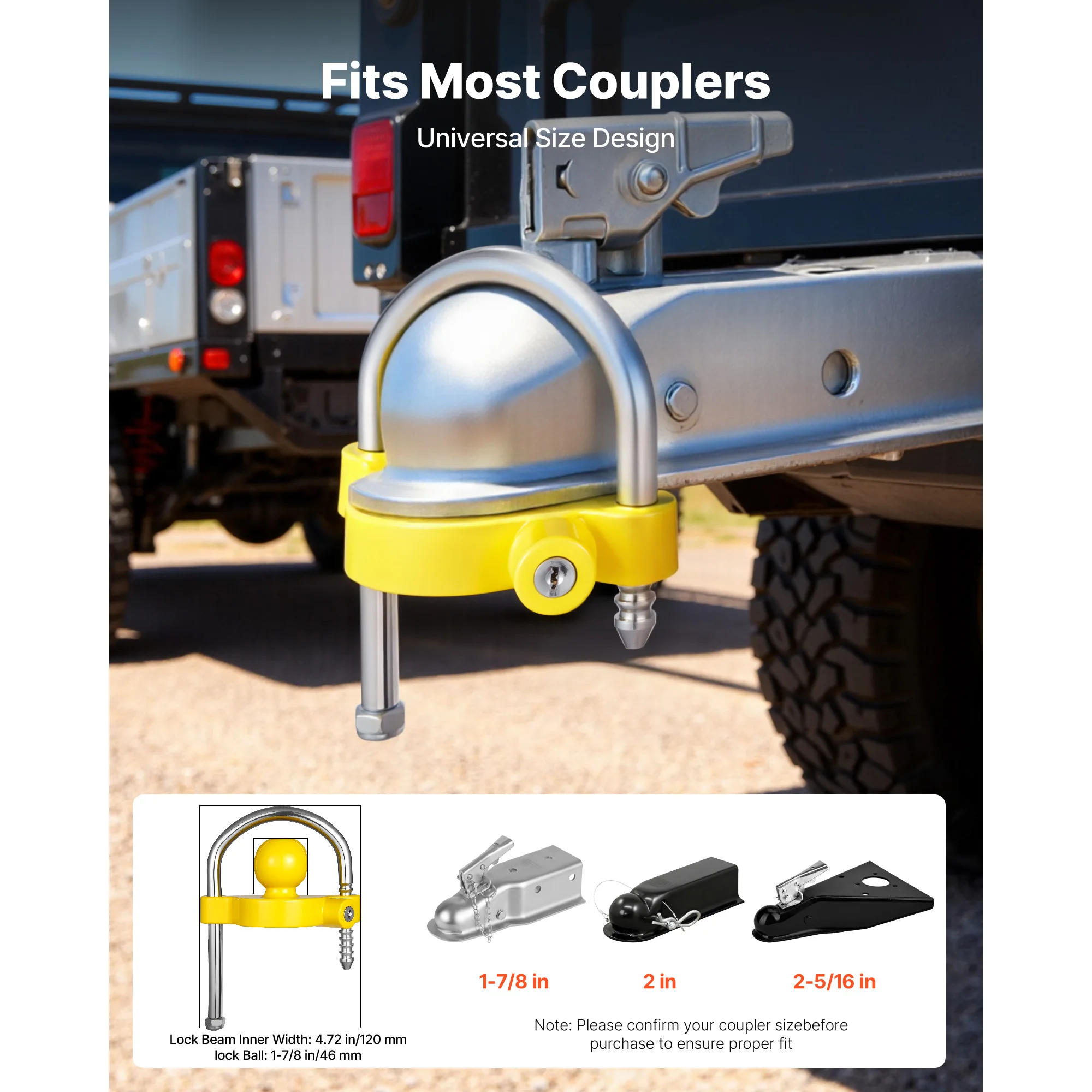 SucceBuy Trailer Hitch Lock Kit Adjustable Height RVs Ball Lock with Keys Fits 1-7/8in 2in 2-5/16in Couplers for Boats Trailers