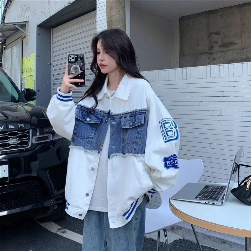 

Streetwear Casual Elegance Tide American Style Denim Coats Patchwork Vintage Designed Loose Female Jeans Y2K 90S Jacket New