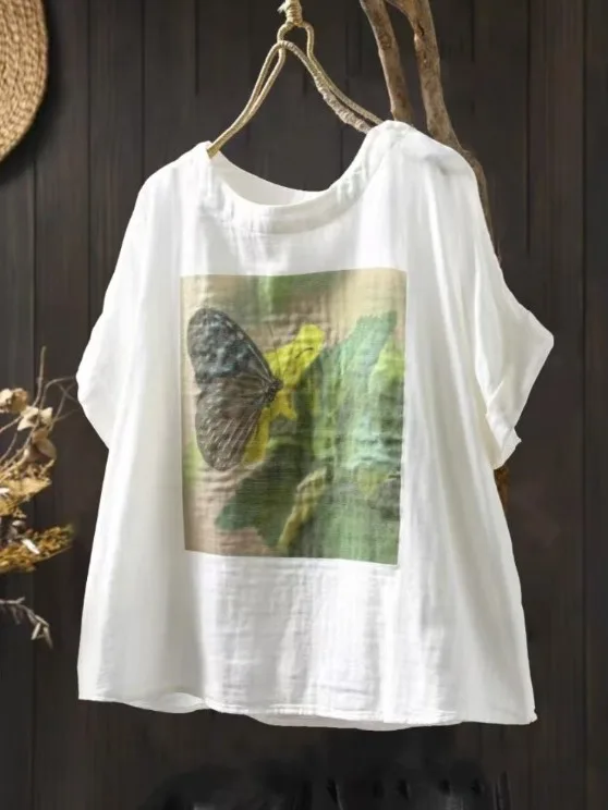 Summer New Loose Casual Pure Cotton ort Sve Overhead irt Women's Artistic Printed Top Faionable Versatile ort Sle