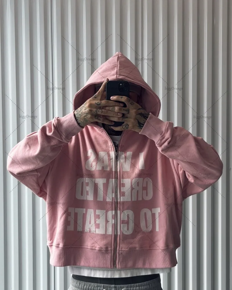 2024 Trendy Street Trend Brand Clothing Hip-hop Punk Style Letter Print Zipper Hoodie Men Pink Casual Retro Oversized Sweatshirt