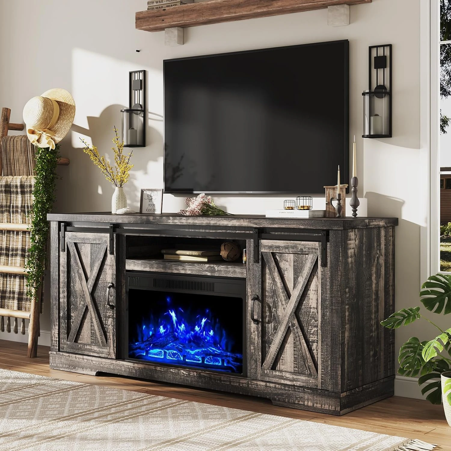 Fireplace TV station with sliding fireplace door, suitable for TVs under 73 inches, with storage cabinet, dark country oak