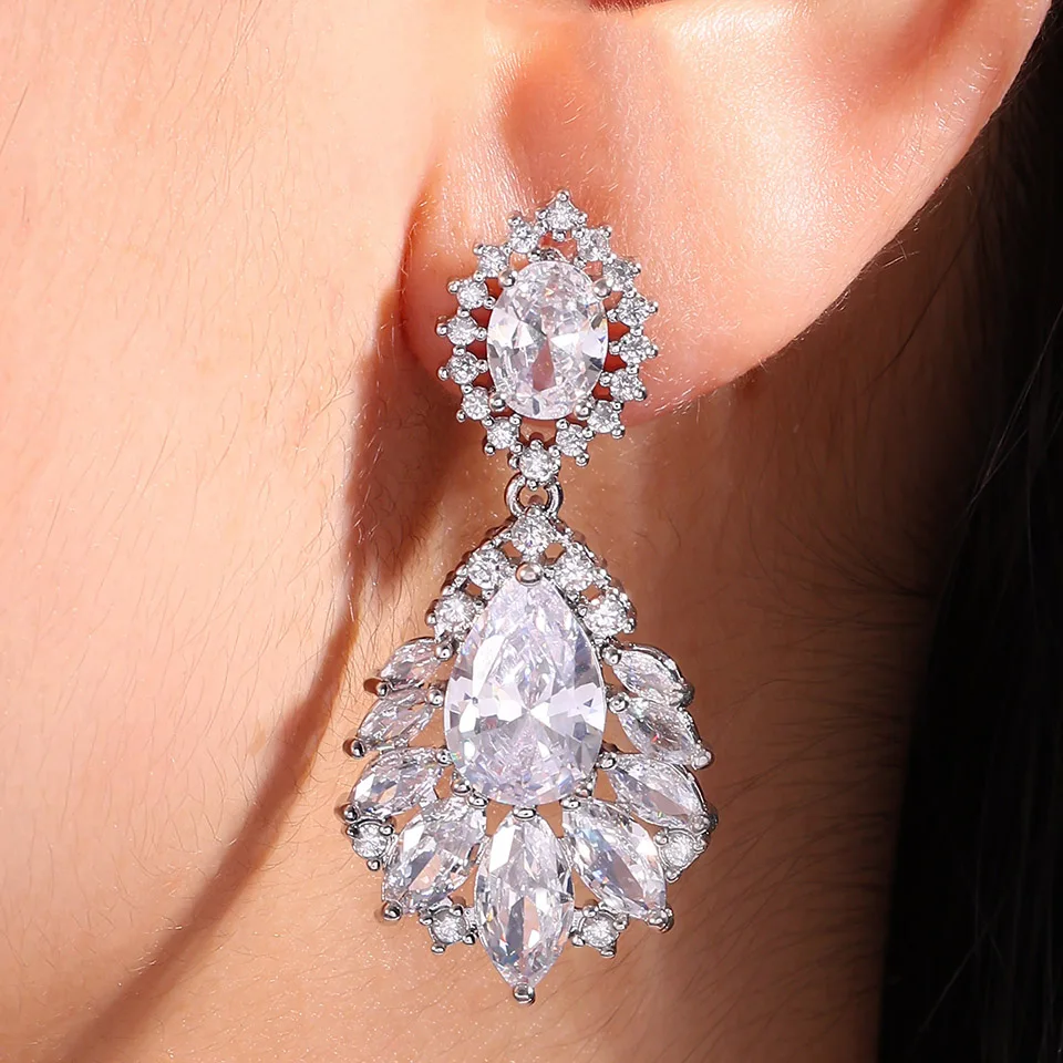 ZAKOL Luxurious Wheat Chokers Dangle Earrings for Women Exquisite Blue Cubic Zirconia Earring Bridal Wedding Party Jewelry