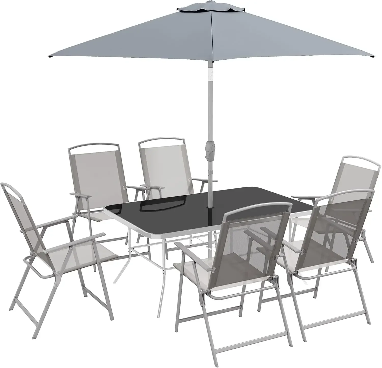 8 Piece Patio Dining Set with Table Umbrella, 6 Folding Chairs and Rectangle Dining Table, Outdoor Patio Furniture Set