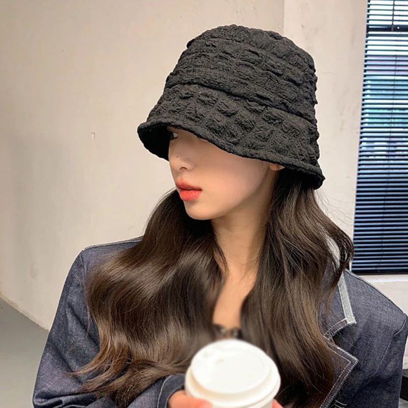 Women's Bucket Hat Spring Summer Fisherman Hat Seersucker Sun Hat Minimalist Style Solid Color Fashion High Quality