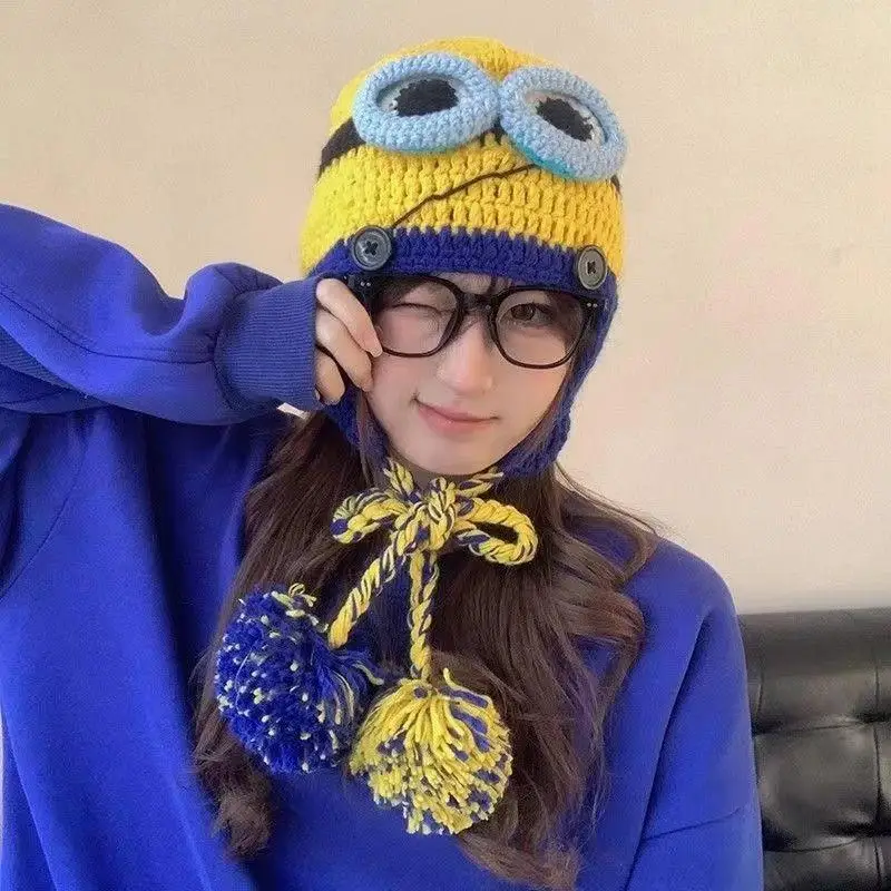 Cartoon Minions Twist Knitting Hat for Women Despicable Me Anime Pompom Thick Plush Cap Beanie Ladies Ski Warm Baotou Hat Gift﻿