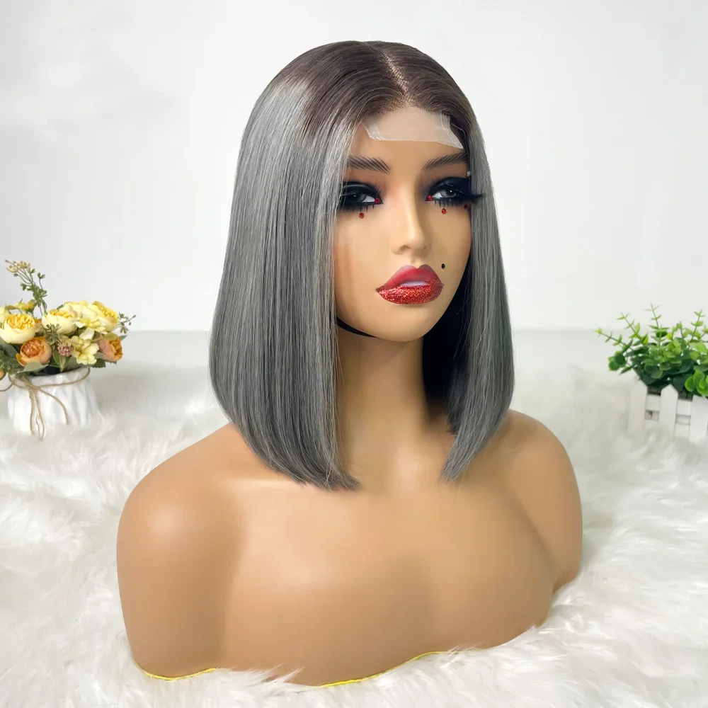 250% Density Super Double Drawn Bob Wig Human Hair Gray Brazilian Straight 2x6 Glueless Lace Closure Wigs For Women Pre Plucked