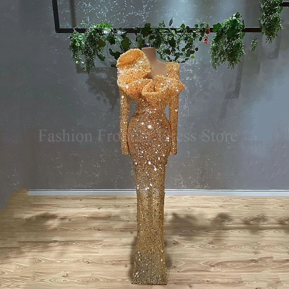 Exquisite Long Sleeve Prom Dresses Ruched Beading Sequined Mermaid Floor Length Evening Gowns For Special Occasions Party