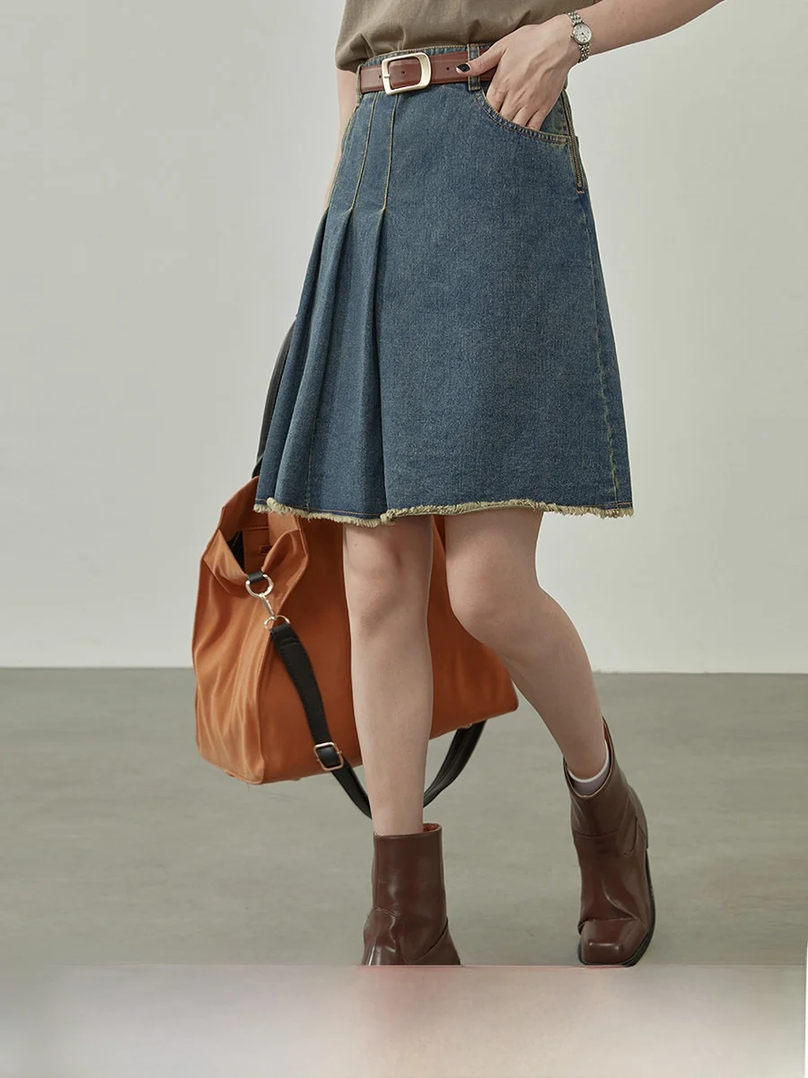 

High Waist A-Line Skirt Women's Summer 2026 New Style Pleated Slimming Design Versatile Denim Half-length Skirts