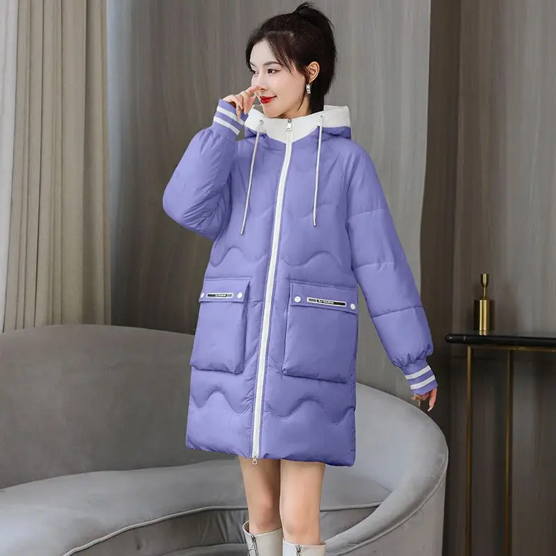 New 2023 Down Cotton Coat Women Mid Length Loose Large Hooded Coat Casual Down Warm Cotton  Thickened Coat Down Cotton Jacket