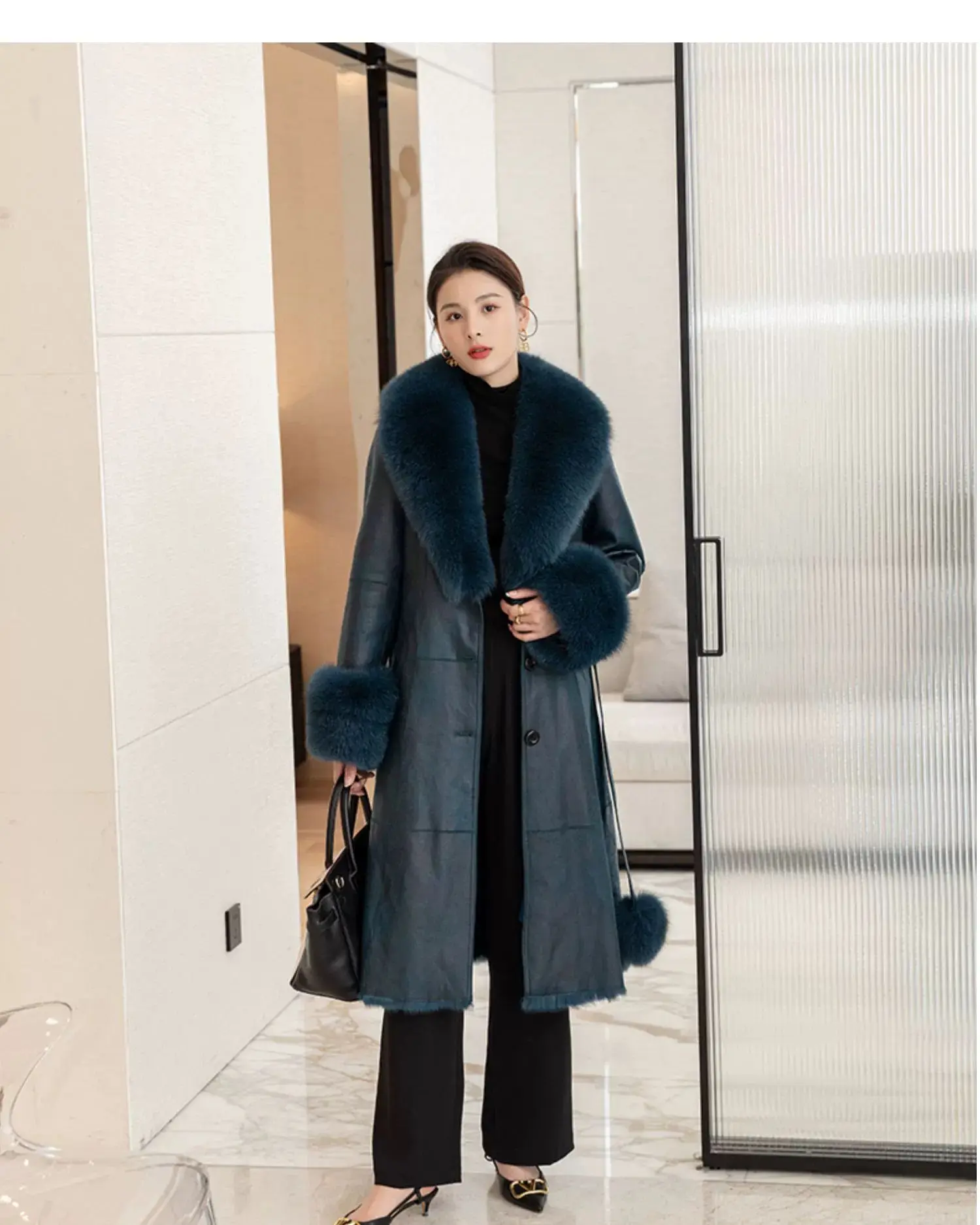 2023 New Rabbit Fur One Piece Coat for Women Mid length Fox Fur Collar Lace up Slim Fit Haining Fur Coat for Women
