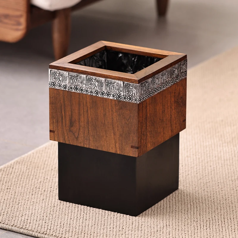 medieval trash can solid wood household living room high-end kitchen bedroom large capacity high value Chinese paper basket