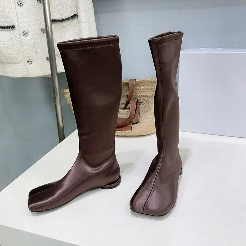 

New Elasticity Botas Square Satin Solid Color Skinny Mid-Calf Boots Spring Autumn Women Flat Bottom Fashion Modern Boots