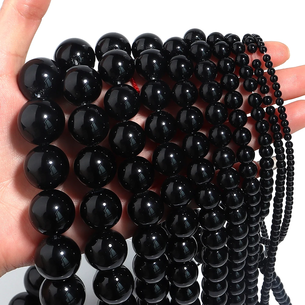1 Strang Natursteinperlen, 2–18 mm, runder schwarzer Onyx-Achat, runde lose Perlen für Basteln, DIY, Nähen, Kleidungszubehör