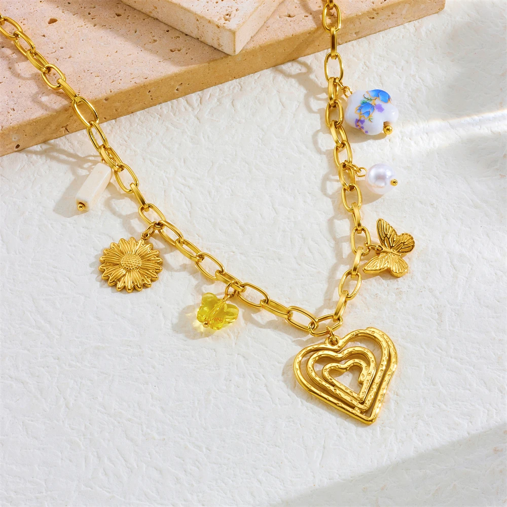 DIEYURO 316L Stainless Steel Flower Butterfly Golden Lines Heart Pendant Necklace For Women New Fashion Neck Chain Jewelry Gift