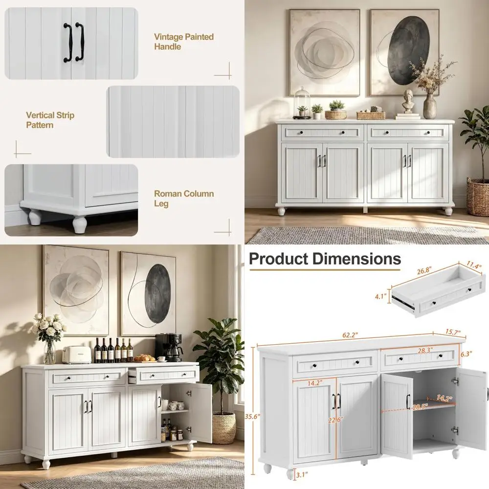 

Sideboard Buet Cabinet, 62'' Large Storage Cabinet with Ders and 4 Do, Vintage Coee Bar Cabiwith Adjustable Shel or Kitchen, Liv