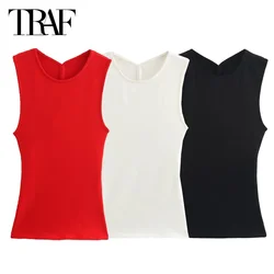 TRAF O-Neck Pullovers Knit Vests For Women Summer Autumn Short Sweaters Backless Off Shoulder Vest New Knitwear Cozy Sweaters