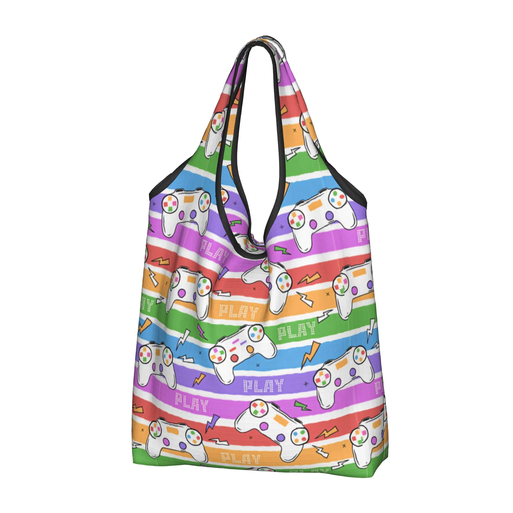 Joystick Video Game Controllers PLAY Groceries Shopping Bags Cute Shopper Tote Shoulder Bag Big Capacity Pop Art Style Handbag