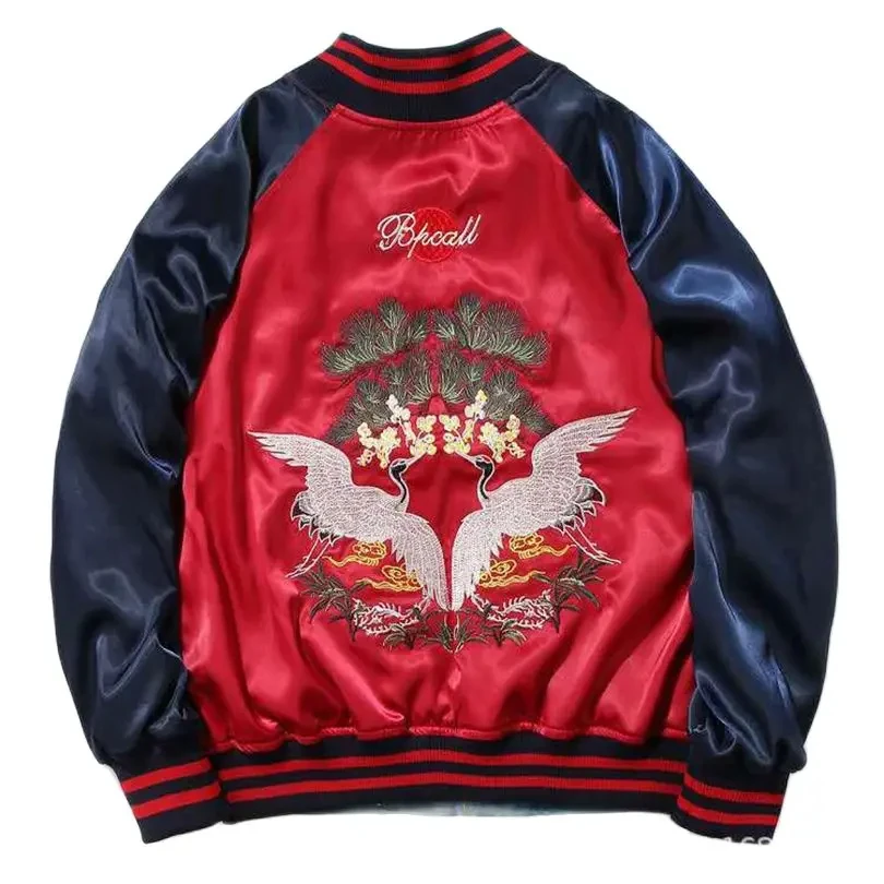 Sukajan Embroidered Bomber Jacket Men Women Couple Wear Coat Korean Oversize Satin Vintage Spring Autumn 2025