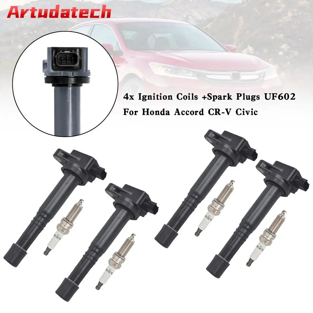 Artudatech 4x Ignition Coils +Spark Plugs UF602 For Honda Accord CR-V Civic