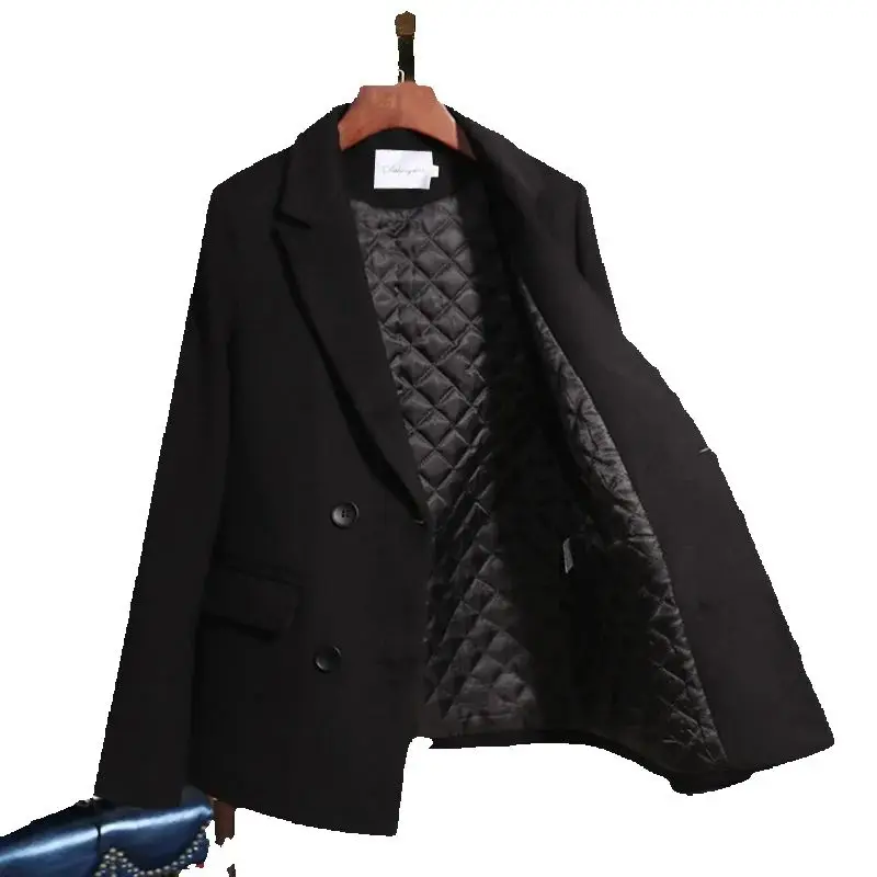 Black Thickened Woolen Coat For Women 2025 New Autumn And Winter Korean Version Waist Closing Black Add Cotton Women's Blazer
