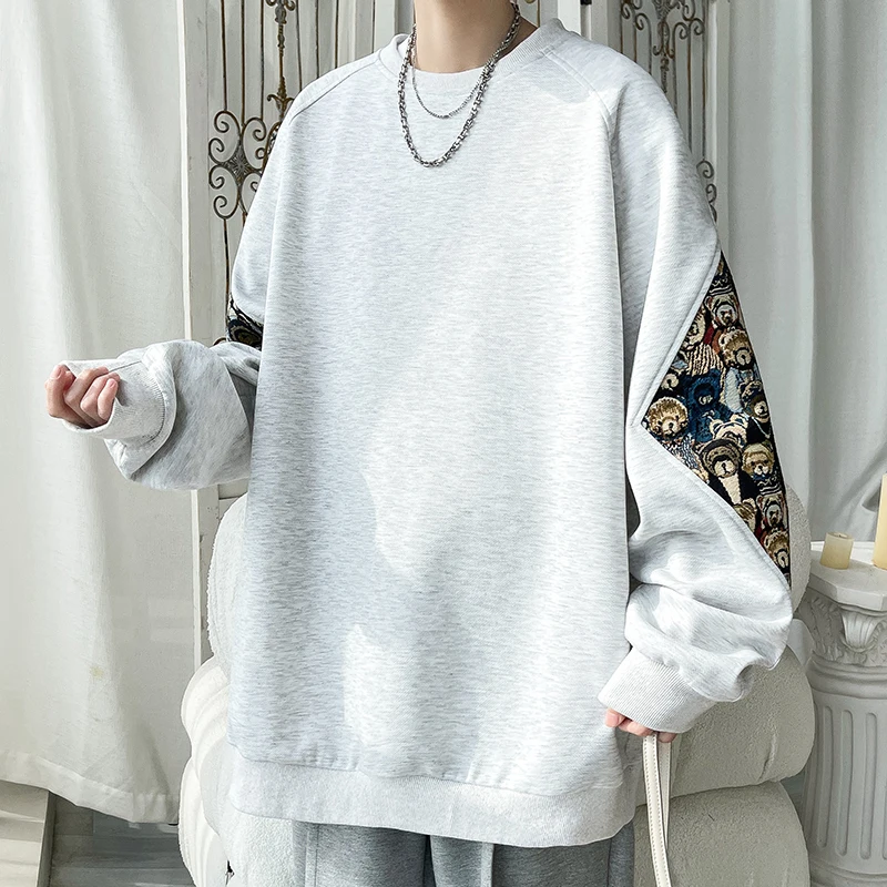 

Bear Print Splicing Oversized Sweatshirt American Wind 2024 Autumn New Fashion Trend Line Loose All Round Neck Pullover Hoodie