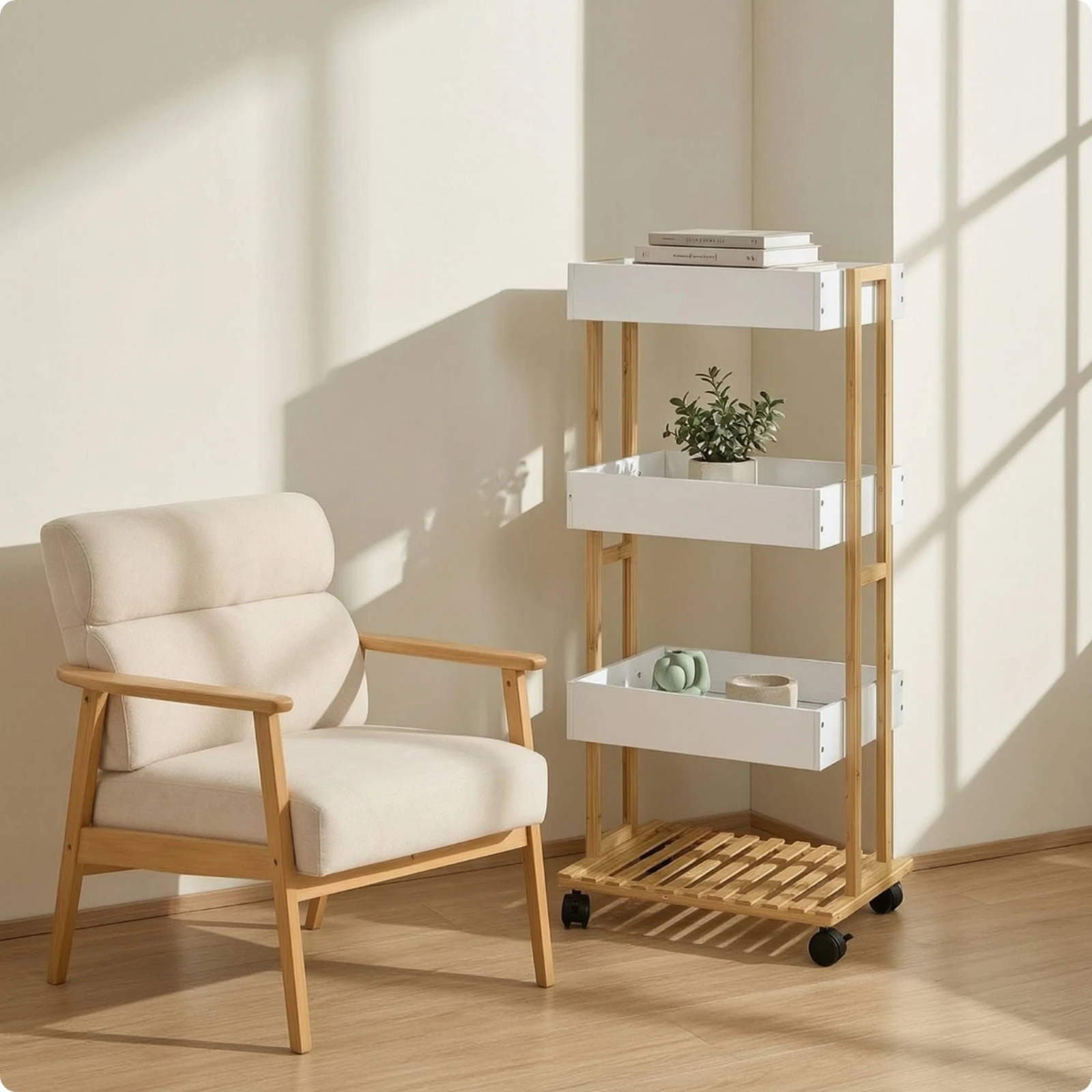 Bamboo Storage Trolley Slim Storage Cart with Wheels Rolling Utility Cart Mobile 4-Tier Rolling Organizer Freestanding