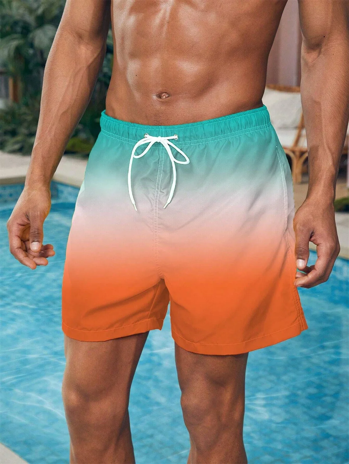 Men\'s Beach Shorts Gradient Color Block Drawstring Summer Men\'s swim Trunks Elastic Waist 3D Print  Breathable Short Streetwear