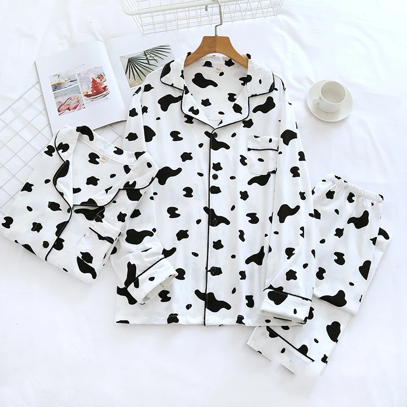 Novelty Print Cows Couple Pajamas Trouser Suits Casual Loose Elastic Waist Pijamas Sleepwear with Pocket Soft Cotton Home Wear