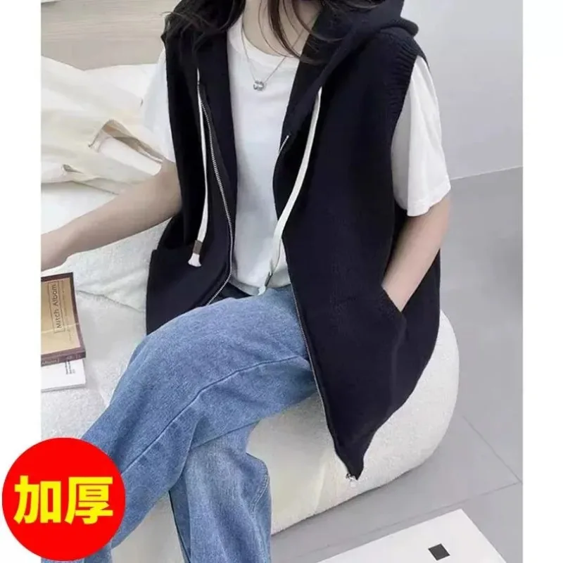 

Свитер без рукавов для женщин, осень 202, новый свободный кардиган, свитер, куртка, жилет с капюшоном на молнии