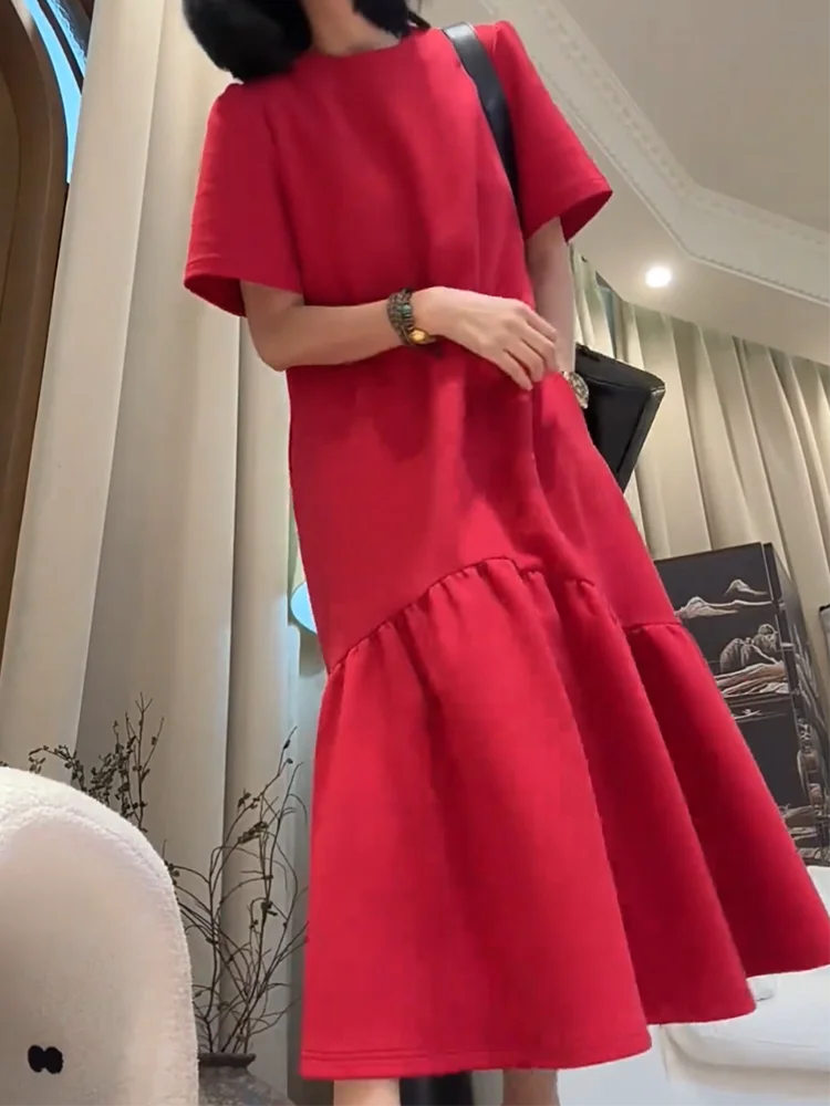 

plus Size Korean Sle Faion Loose Slimming ort Sve Dr Women Summer New Hide Meat Hepburn Sle Fi Tail Long Dr