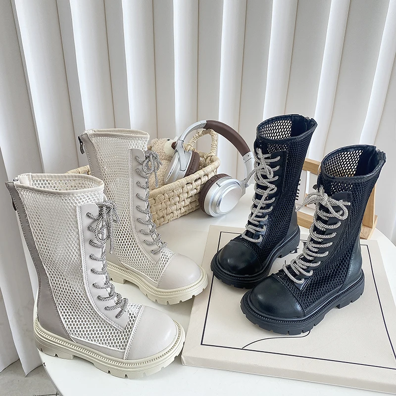 Girls Boots Autumn Princess High Top Sandals Fashion Mesh Breathable Long Boots Kids Shoes Mid-Calf Cool Boots Botas Para Niñas