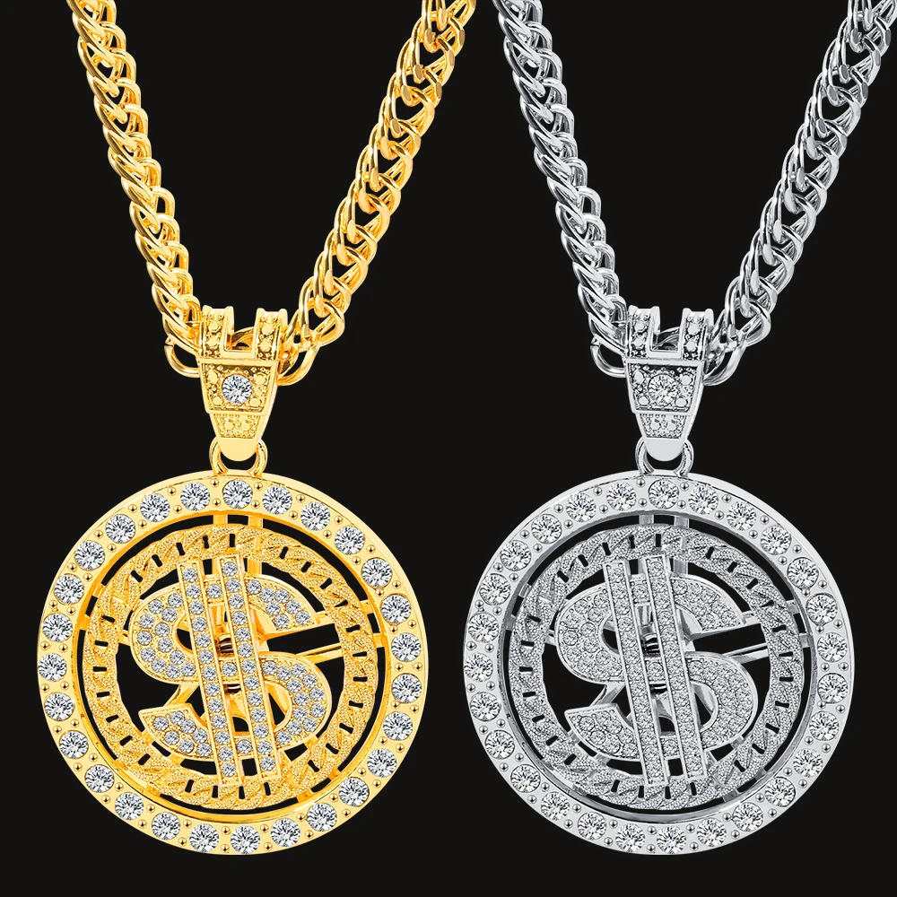 Hip Hop Gold Silver Color Rotating Dollar Pendant Long Necklace Rhinestone Men Boy Jewelry Rotating Disc Necklace Accessories