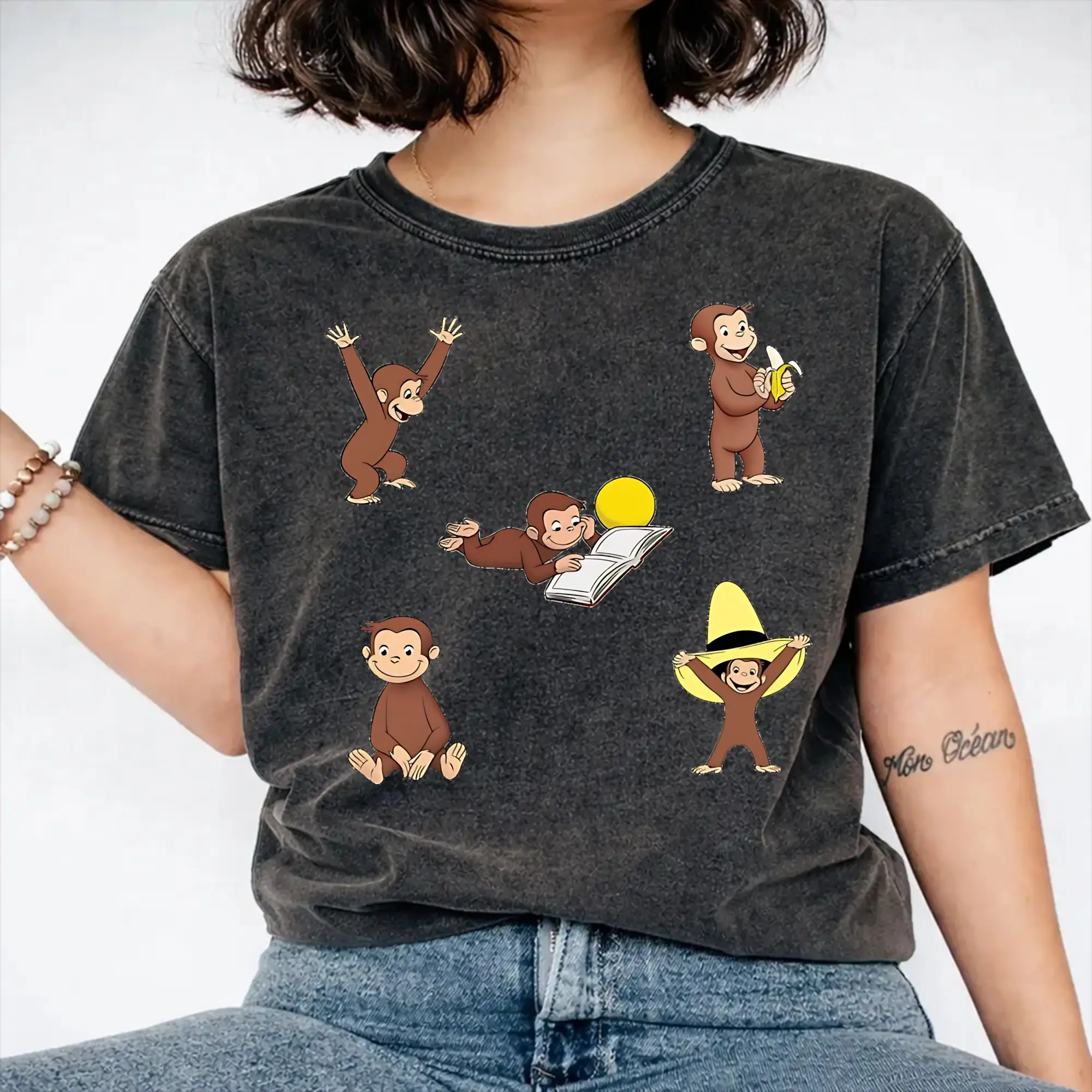 Curious George monkey cartoon for kids pack.  Washed T Shirts Streetwear Hip Hop Vintage T-Shirts  Tee Shirt Men Women