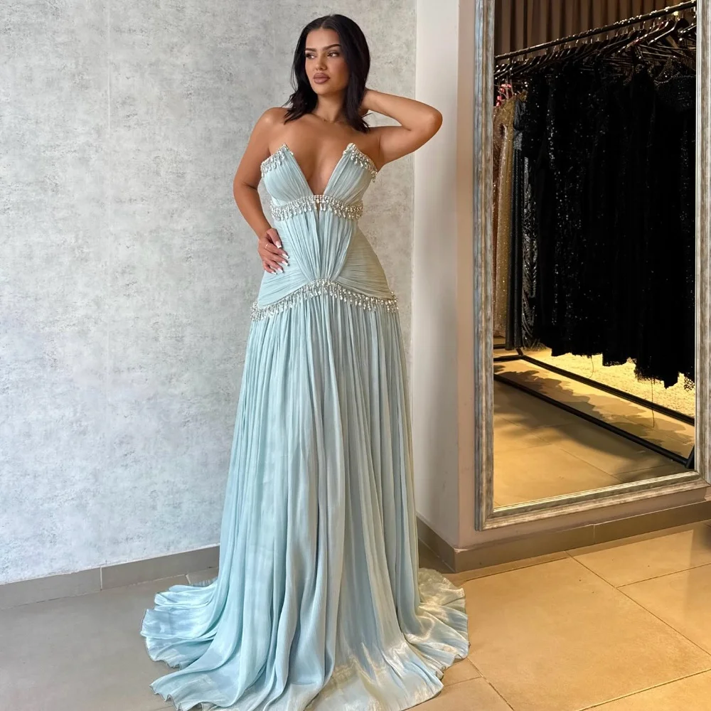 

Customized Intricate Sexy Chiffon Pleat Draped Rhinestone A-line Strapless Long Dresses Bespoke Occasion Dresses High Quality
