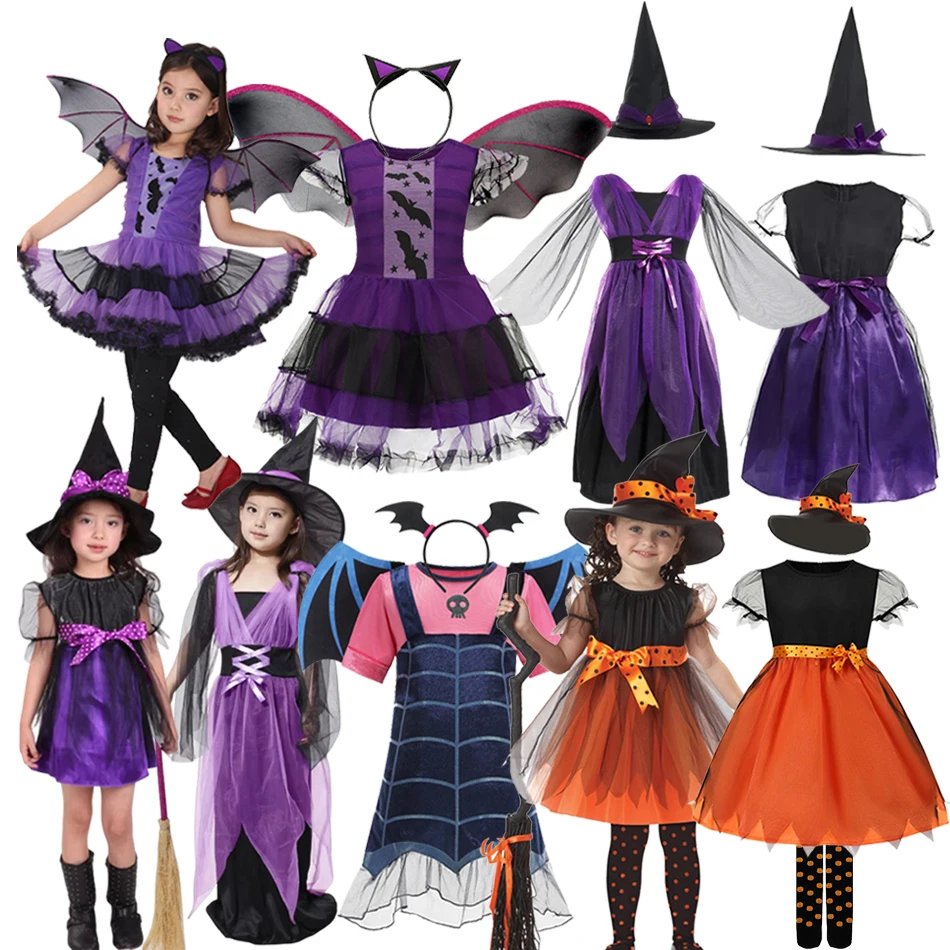 

2025 Girls Halloween Cosplay Vampire Kids Children Pumpkin Costume Witch Dress Vestidos Carnival Party Clothes