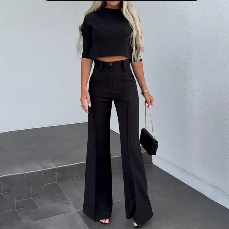 Autumn Winter New Arrivals Women\'s Clothing Fashion Temperament Pure Color Slim Waist Wide Leg Leisure Two-Piece Set