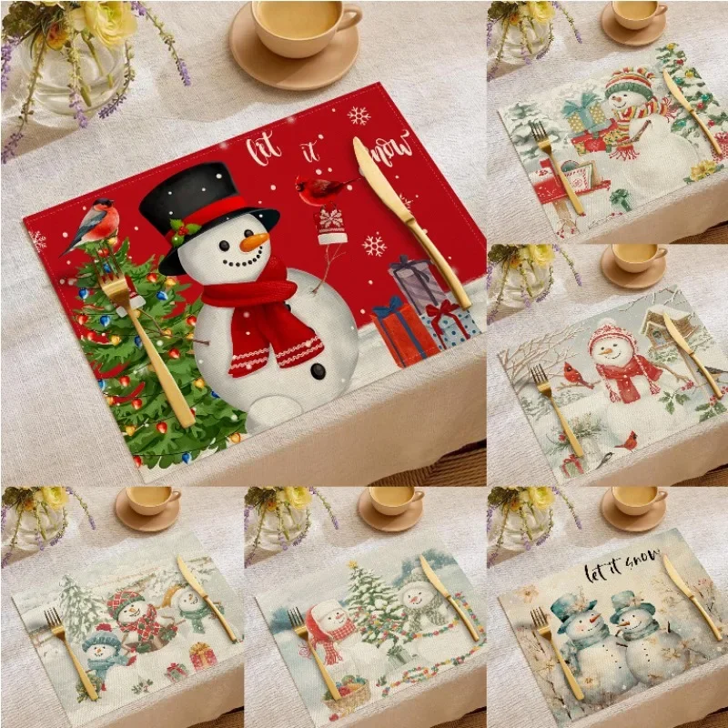 

Christmas Snowman Print Linen Placemat Kitchen Tableware Anti-slip Heat-insulating Mat Autumn and Winter Home Decoration
