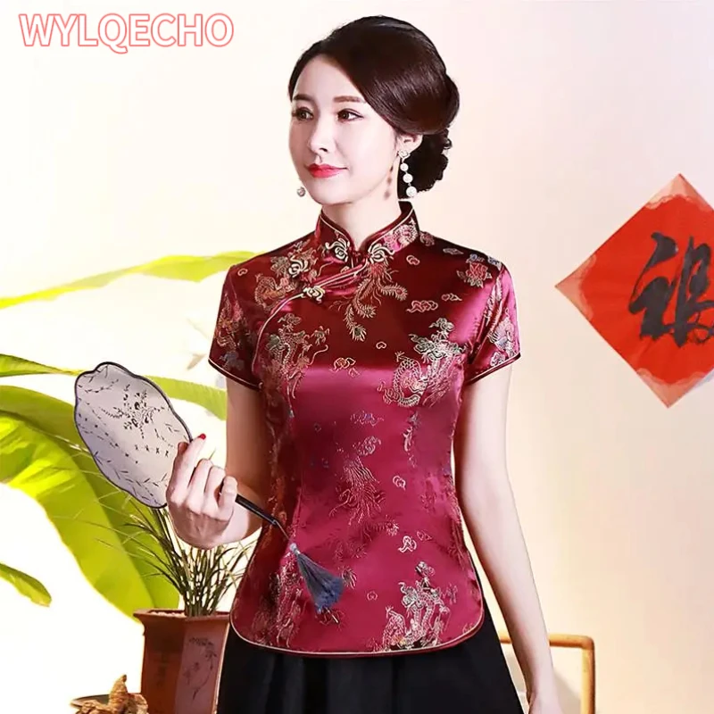 

Fashion Burgundy Chinese Lady Slim Elegant Blouse Short-Sleeve Shirt Tops Novelty Button Tang Suit S M L XL XXL XXXL 4XL 5XL