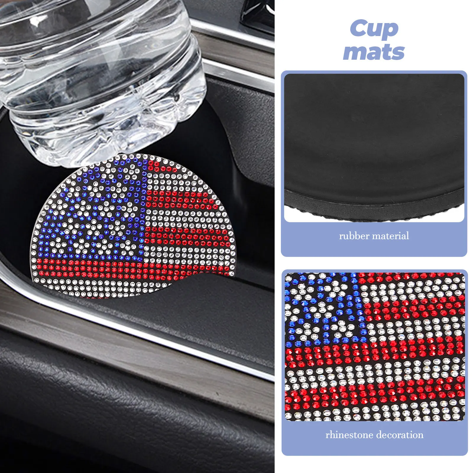 2Pcs Car Drink Coaster Rhinestone Inlay Cup Holder Soft Rubber Non-Slip Heat Resistant Anti-Scald Car Cup Mat National Flag