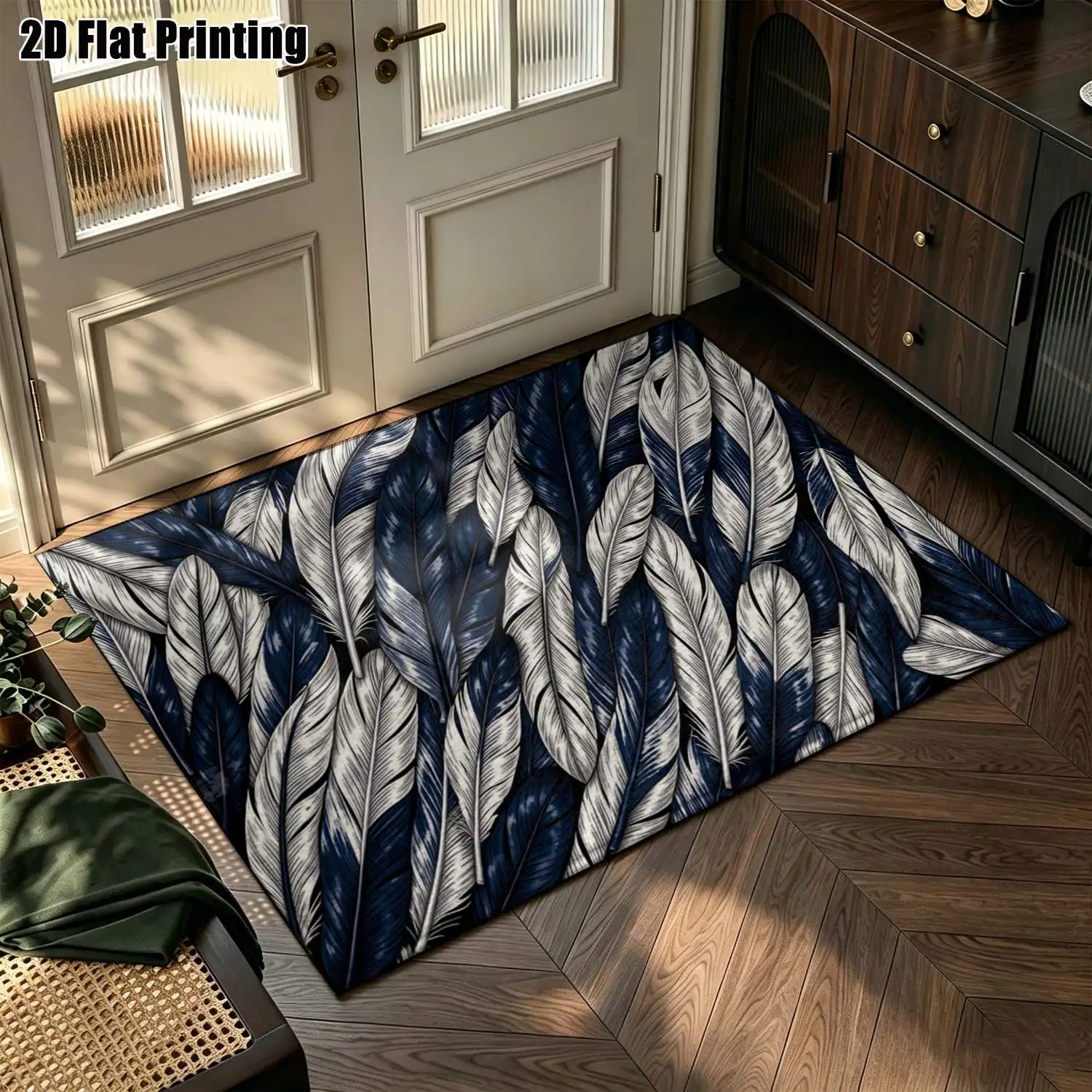 1Pc 2D Printed Navy Blue White Feather Pattern Carpet, Modern Simple Nordic Instagram Style, Home Decor, Multi-Size Machine Washable, for Entrance, Dining, Foyer, Study, Living Room, Bedroom