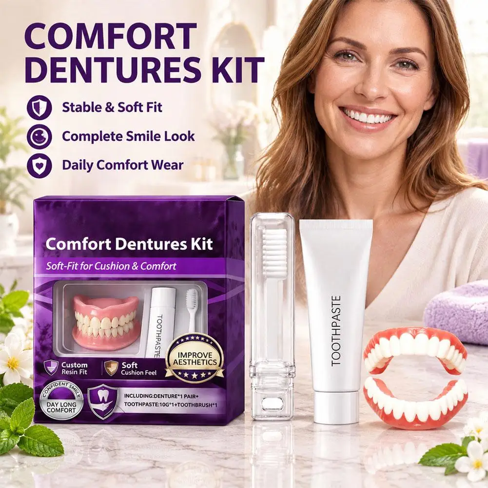 Premium Full‑Mouth Dentures Set With Toothpaste Toothbrush Instant Smile Silicone False Teeth Natural Upper & Lower Teeth Senior