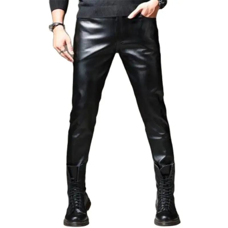 

Men Spring Pantalones Warm Pu Pantalons Hot Sale Pu Pencil Pants Male Hot Sale Velvet Thick Leather Trousers Stretch Pant