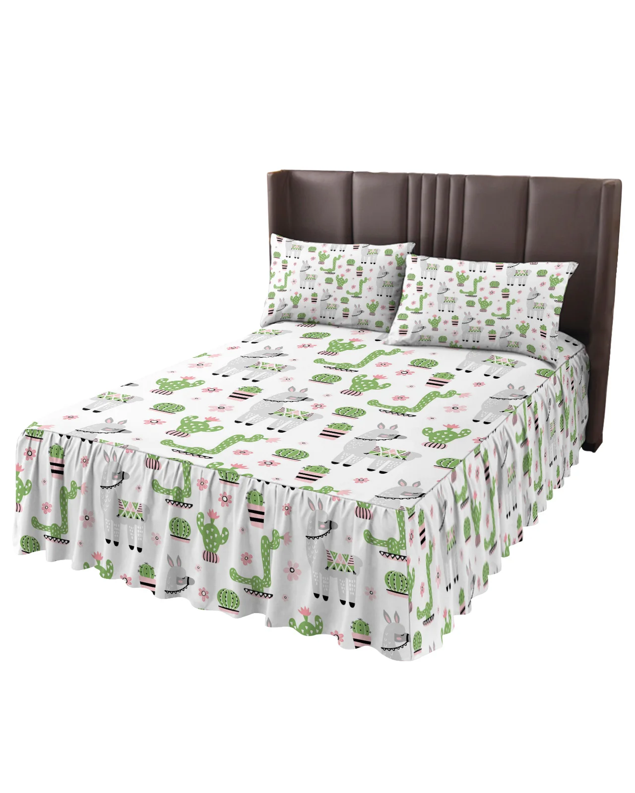 Cartoon Animal Alpaca Cactus Green Bed Skirt Elastic Fitted Bedspread With Pillowcases Mattress Cover Bedding Set Bed Sheet