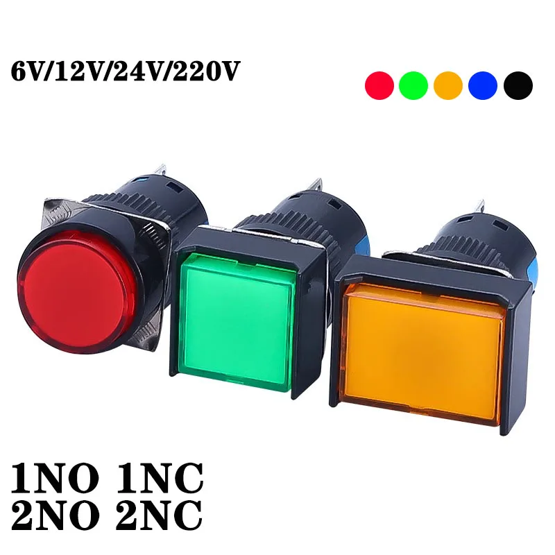 1NO1NC/2NO2NC 6.3V 12V 24V 220V chwilowe podświetlane przełączniki przyciskowe 16MM zatrzaskowy przycisk lampy LED