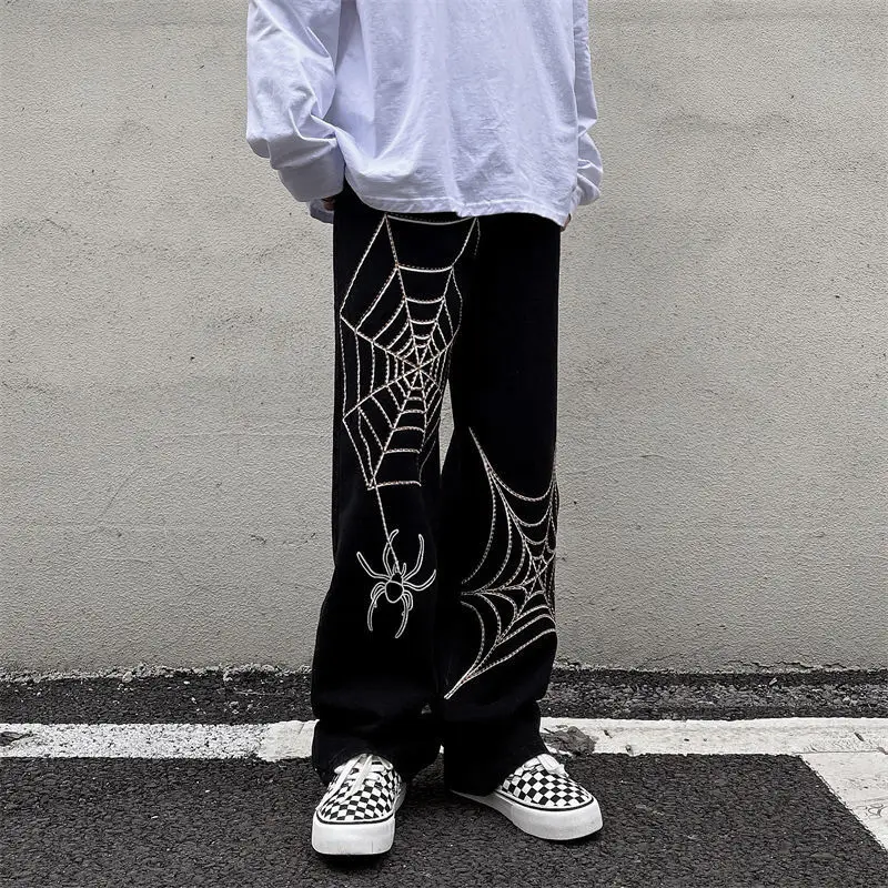 

2023 Street Punk spider web print Black Women's pants goth Streetwear Oversize Wide Leg Trousers 90s Vintage Y2k Female clothing